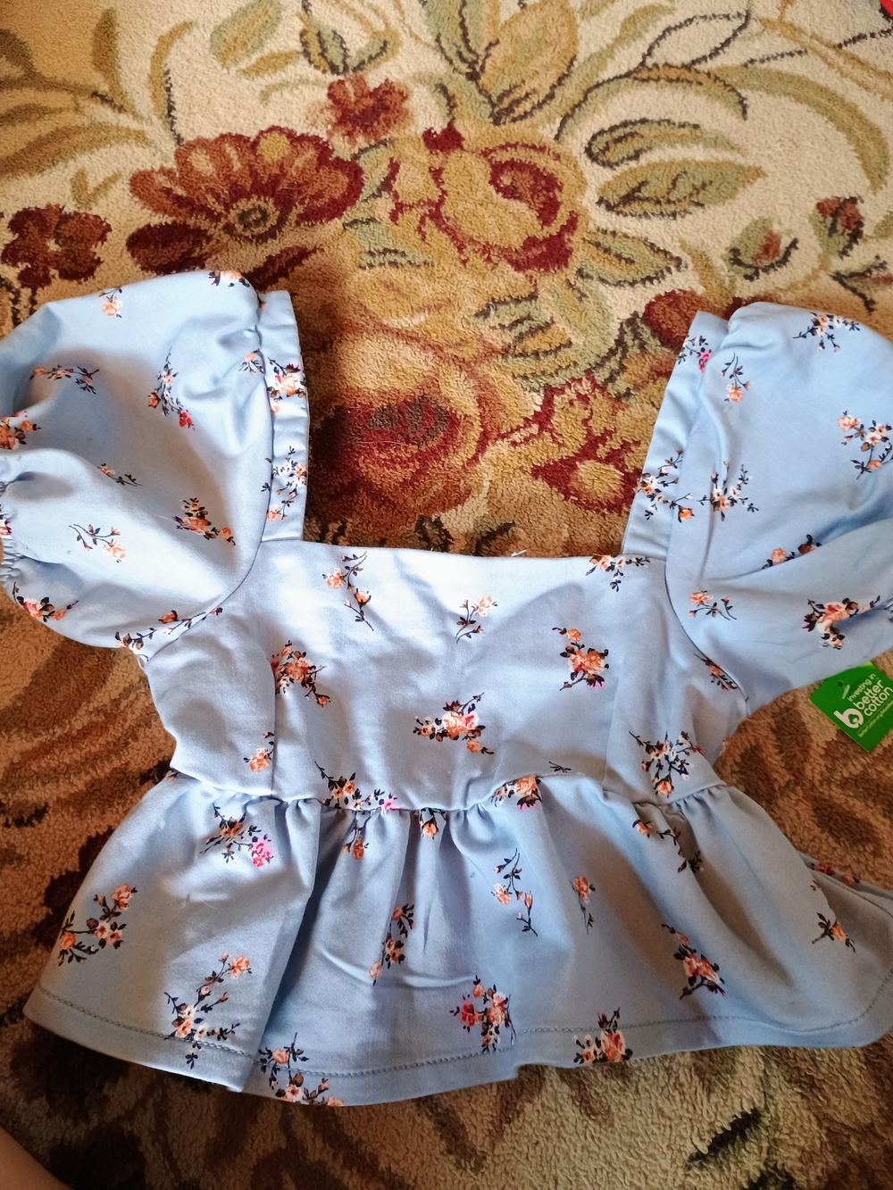 Kohl's Light Blue Floral Puff Sleeve Peplum Top